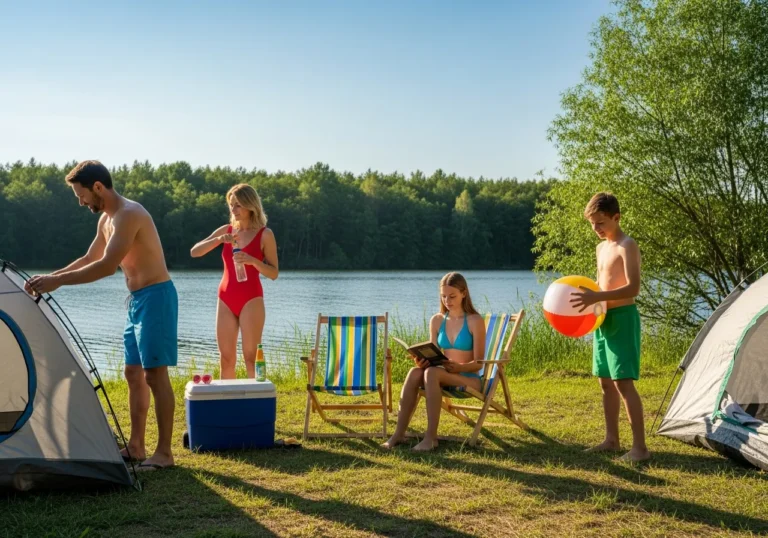 Tips for your family camping trip. Family camping in nature by lake in summer