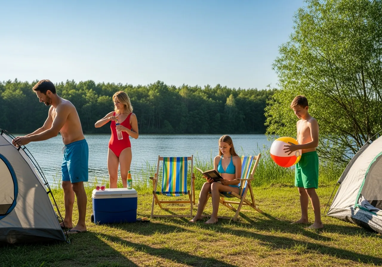 Tips for your family camping trip. Family camping in nature by lake in summer
